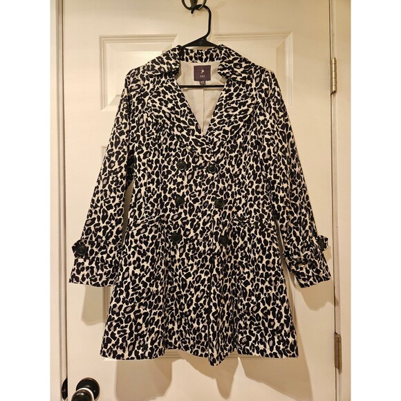 Jackets & Blazers - XXI Womens Medium Trench Coat Button Up Leopard Animal Print Black Gray White